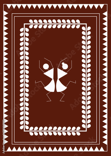 Beautiful Indian Traditional and Cultural Warli art concept of two couples celebrating isolated on dark brown background - vector illustration