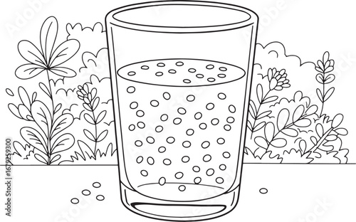 Whimsical chia seed drink illustration surrounded by leafy botan