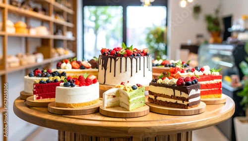 Assorted cakes with berries and cream displayed on a wooden table in a bakery
