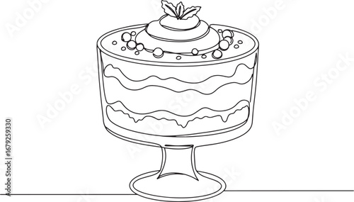 Single line drawing of a delicious trifle dessert in a glass bow