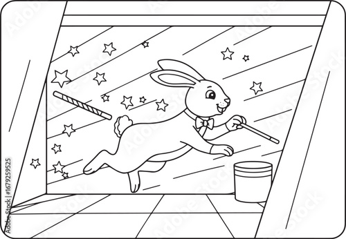 A charming black and white illustration of a rabbit performing a