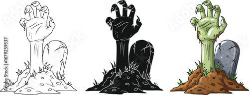 Terrifying zombie hand reaching from grave, perfect for Halloween promotions and spooky designs this season