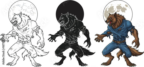 Terrifying werewolf transformation set for Halloween projects and horror designs under the full moon glow