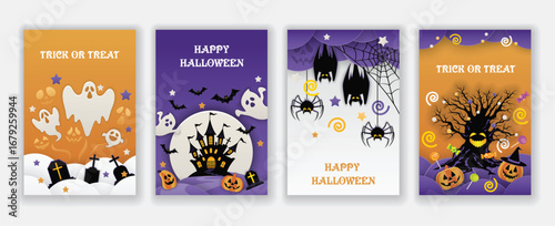Halloween Illustration: A series of four vibrant illustrations captures the essence of Halloween, with festive characters and thematic elements that bring the spirit of the holiday to life.
