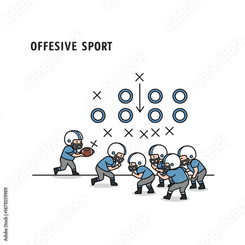Cartoon illustration depicts a football team executing a play with strategy.
