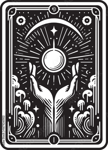 Intricate Black and White Illustration of a Mystical Woman Holding a Book and Staff