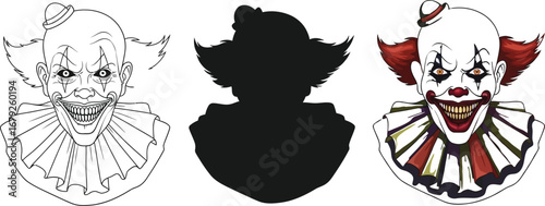 Creepy clown face in line art silhouette and color on a white background