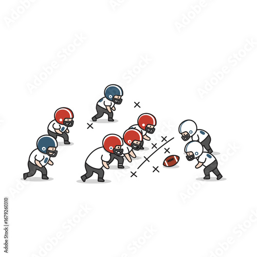 Two cartoon American football teams in red and blue helmets face off at the line of scrimmage before a play.
