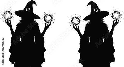 Two witch silhouettes holding magic orbs on a white background design