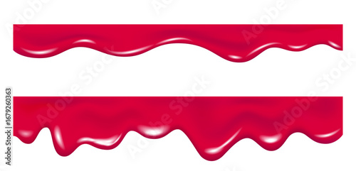 Realistic pink drip cream drops, marmalade, jelly or yogurt border.