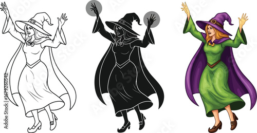Witch casting spells in line art silhouette and color illustration set