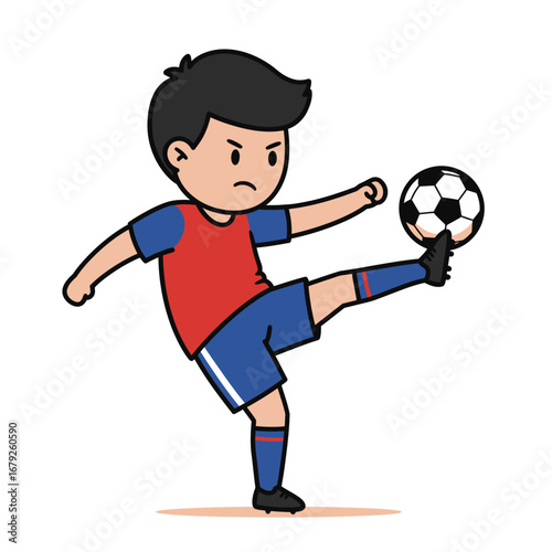 Cartoon illustration of a soccer player kicking the ball with determined expression and action.