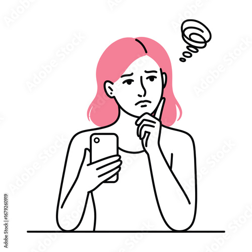 Simple vector illustration of a fashionable young woman holding a smartphone and worrying, depicting concern and anxiety about technology or communication in a clean, modern, minimalist design style.