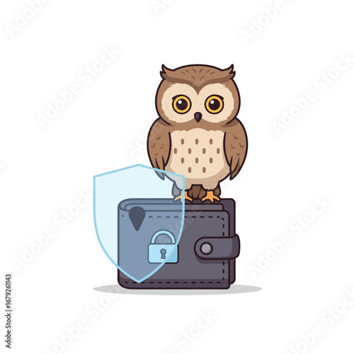 A wise cartoon owl sits atop a locked wallet, guarded by a transparent security shield.