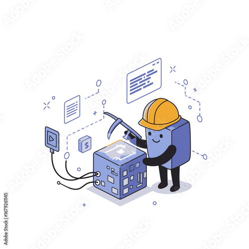 A cheerful blue cube character wearing a hard hat uses a pickaxe to mine a complex data block, surrounded by interconnected digital icons and network lines.