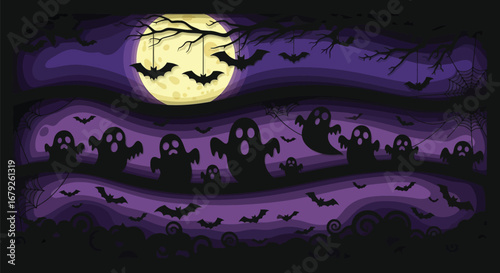 Spooky halloween night scene with ghosts bats and a glowing full moon