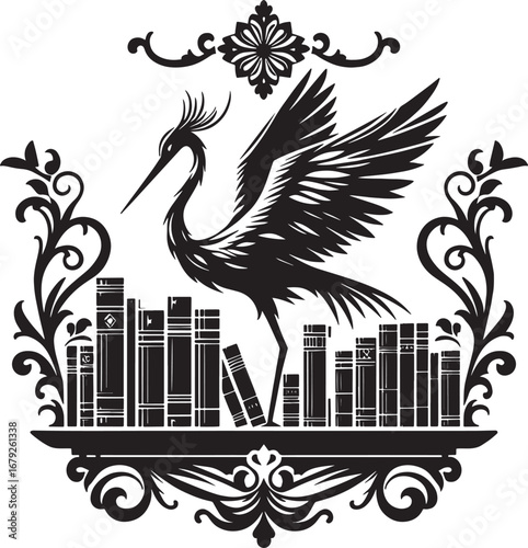 Elegant illustration of a crane perched atop a shelf of books, artistic and decorative