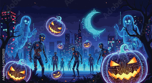 Digital halloween night with ghosts pumpkins and zombies in the city