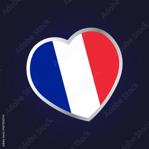 French flag in heart shape isolated on gradient purple background.