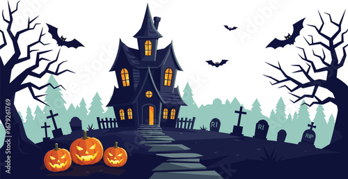 Spooky halloween haunted house with pumpkins and bats in a graveyard scene