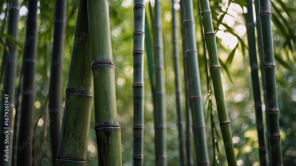 Fototapeta premium Tranquil Bamboo Forest with Sun-dappled Light and Soft Focus Bokeh.