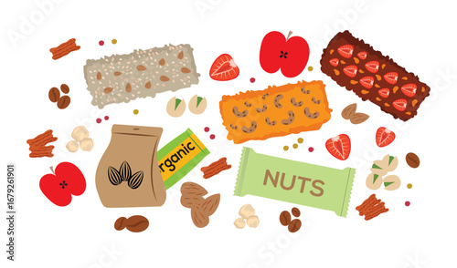 nuts dried fruit collection icons healthy vegan snacks illustration nut protein bar dried banana pineapple almond fruit mix cartoon healthy snack