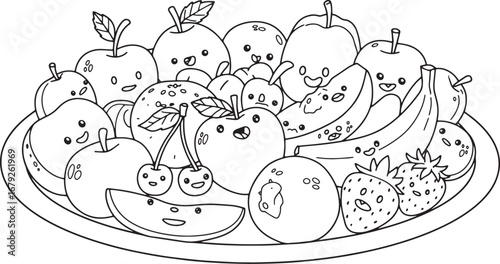 Cheerful kawaii fruit platter illustration for coloring books an