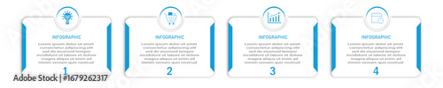 Timeline business process visualization with icon | Modern infographic design with circle and two side blue cover suit for web, corporate, presentation | 4 steps white diagram vector illustration