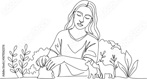 One-Line Illustration of a Woman Sculpting with Clay Surrounded