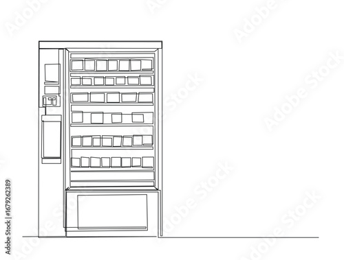 Continuous line art drawing of Snack and drink vending machine. Foof veding machine in single line art drawing vector illustration. Editable stroke.
