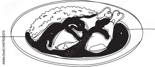 Minimalist continuous line drawing of jamaican curry chicken wit