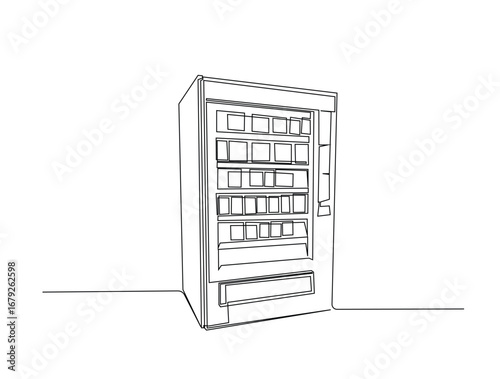 Continuous line art drawing of Snack and drink vending machine. Foof veding machine in single line art drawing vector illustration. Editable stroke.