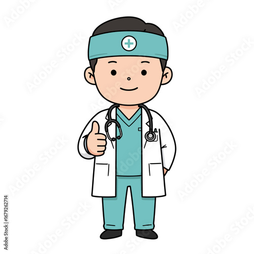A cartoon doctor in scrubs gives a thumbs-up, showing approval and offering medical assistance.