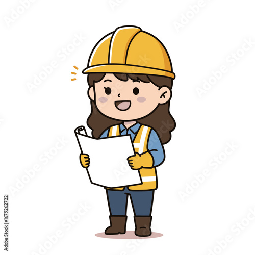 Cartoon illustration of a female construction worker wearing a hard hat and safety vest, holding and reviewing a blueprint.