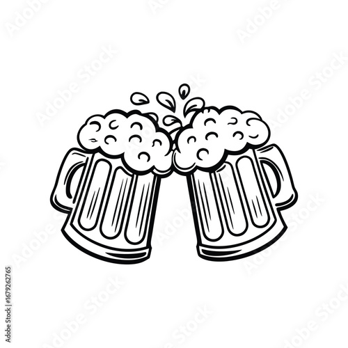 Clinking beer mugs with frothy foam splash in black and white line art style.