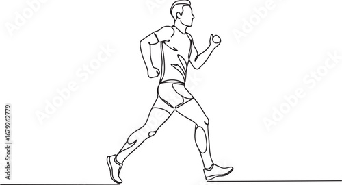 Continuous line drawing of a determined man running with unwaver