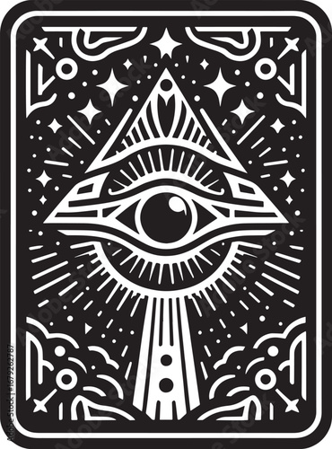 Intricate black and white illustration of an eye within a pyramid, a symbol of the all-seeing eye