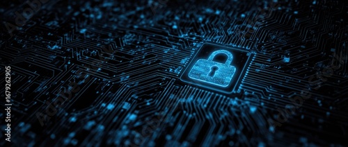 Digital Security Padlock Icon Glowing on Futuristic Circuit Board Technology.