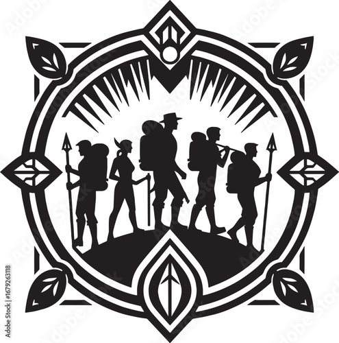 Silhouette of Hikers Trekking Across a Landscape within an Ornamental Frame