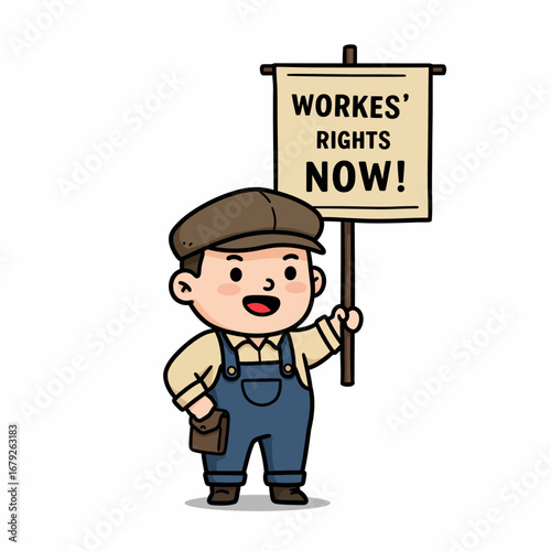 Cartoon depiction of a young boy in overalls and a cap holding a sign advocating for workers' rights now.