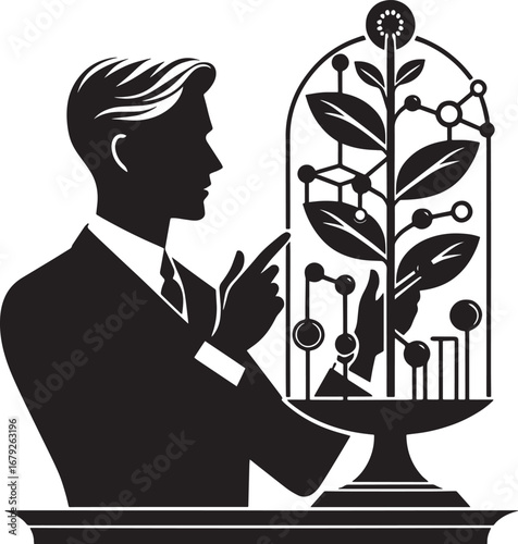 Scientist Examining a Plant in a Glass Dome Demonstrating Science and Technology Concept