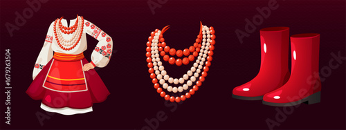 Vector cartoon ilustration of a traditional Ukrainian outfit, including a white blouse with embroidered sleeves, a red skirt, necklace of red and white beads, and a pair of red boots
