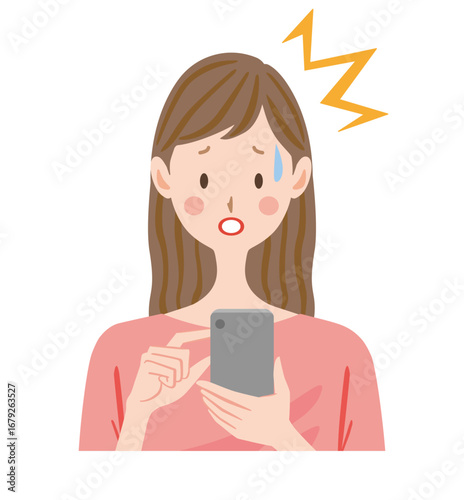 スマホを見て驚く女性　ウィルス　フィッシング詐欺
