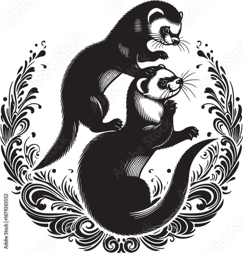 Charming Black and White Illustration of Two Playful Ferrets Surrounded by Decorative Foliage