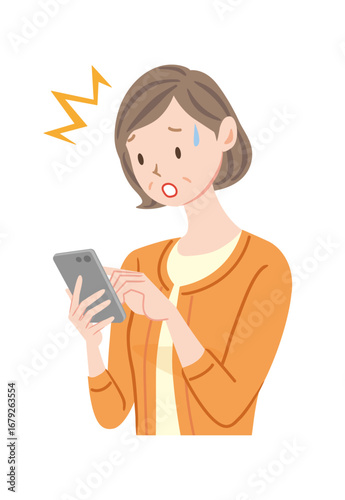 スマホを使いながら困る中年女性　不正ログイン　ウィルス
