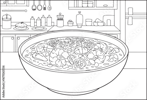 Detailed line drawing of american cajun gumbo in kitchen setting