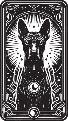 Mystical Dog Tarot Card Illustration with Celestial Elements and Artistic Design