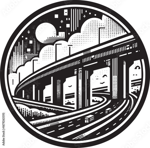 Black and White Illustration of a Highway Overpass with City Skyline in a Circular Design