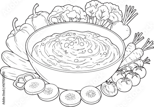 Detailed hummus bowl with vegetable outline, for food coloring o