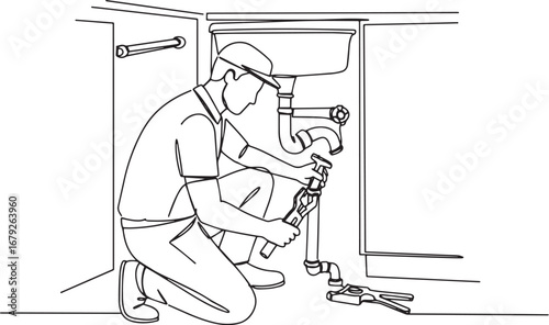 Continuous line drawing of a man repairing a sink plumbing syste